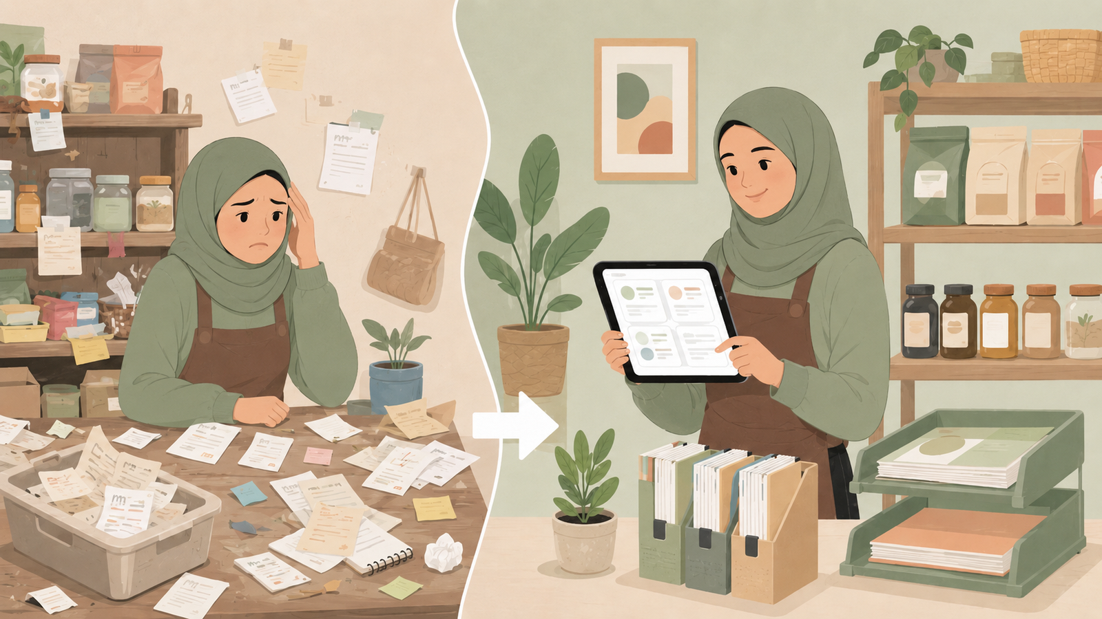 Ilustrasi dashboard pembukuan UMKM yang rapi